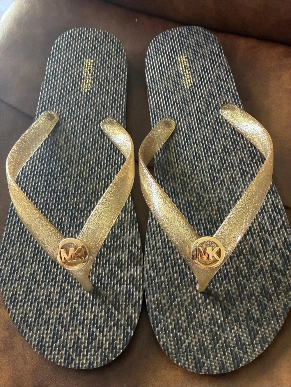 Michael Kors Glitter Gold Strap Black Patterned Footbed Sandals